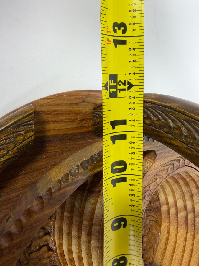Vintage Hand Carved Wooden Collapsible Fruit Nuts Basket Yin Yang Divided Bowl, 12'W [Photo 5]