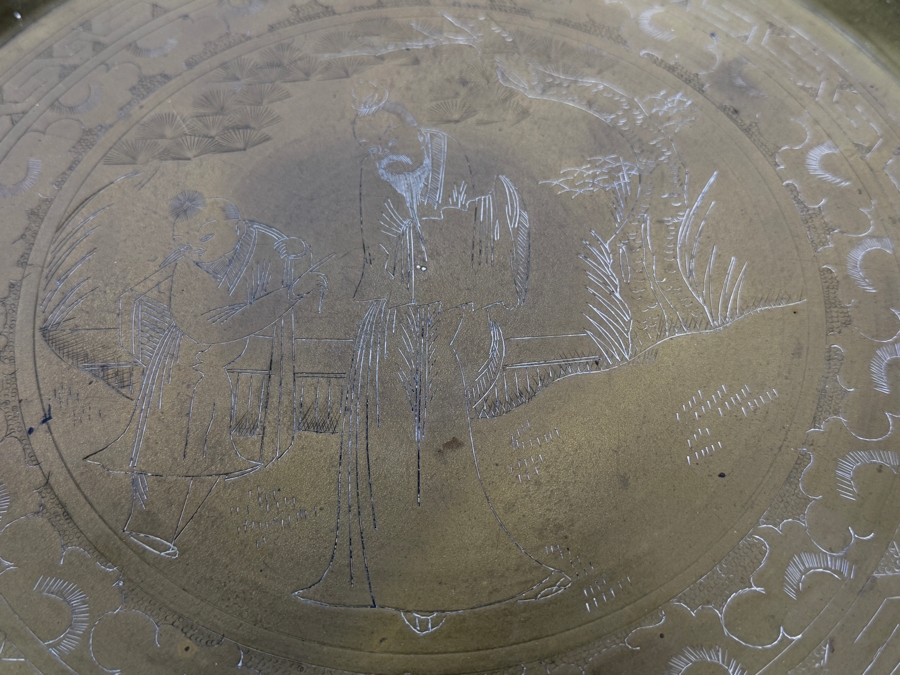 Vintage Chinese Hand Engraved Brass Etched Scholar Figural Round Serving Tray, 14.25'W [Photo 4]