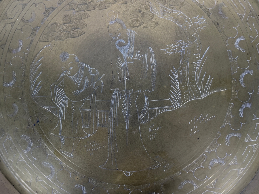 Vintage Chinese Hand Engraved Brass Etched Scholar Figural Round Serving Tray, 14.25'W [Photo 2]
