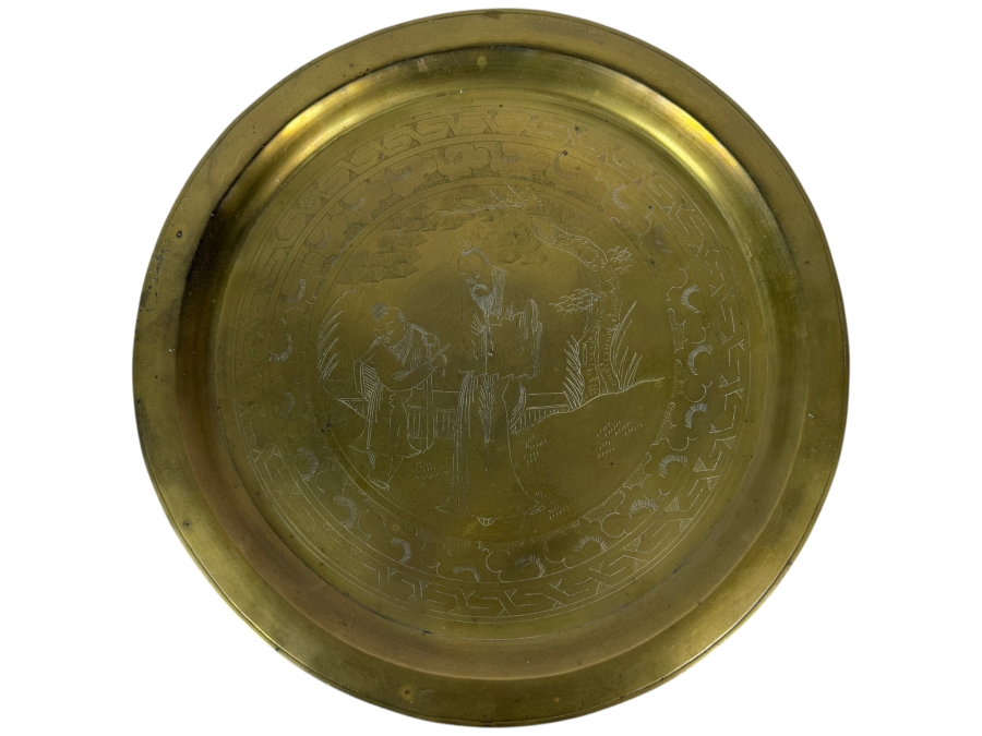 Vintage Chinese Hand Engraved Brass Etched Scholar Figural Round Serving Tray, 14.25'W