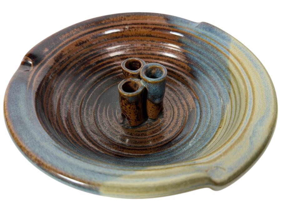 Vintage Noah Pottery Blue Brown Glazed Ribbed Stoneware Ikebana Flower Frog Bowl, 8.5'W