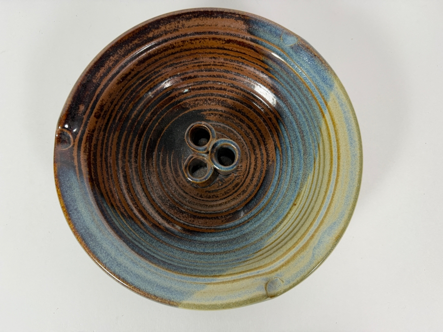 Vintage Noah Pottery Blue Brown Glazed Ribbed Stoneware Ikebana Flower Frog Bowl, 8.5'W [Photo 2]