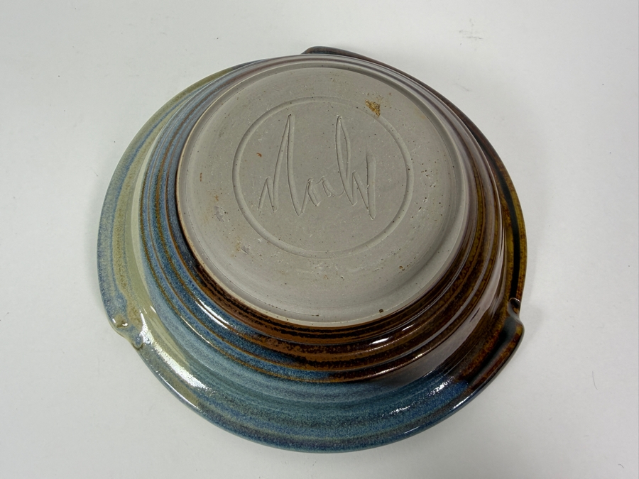 Vintage Noah Pottery Blue Brown Glazed Ribbed Stoneware Ikebana Flower Frog Bowl, 8.5'W [Photo 4]