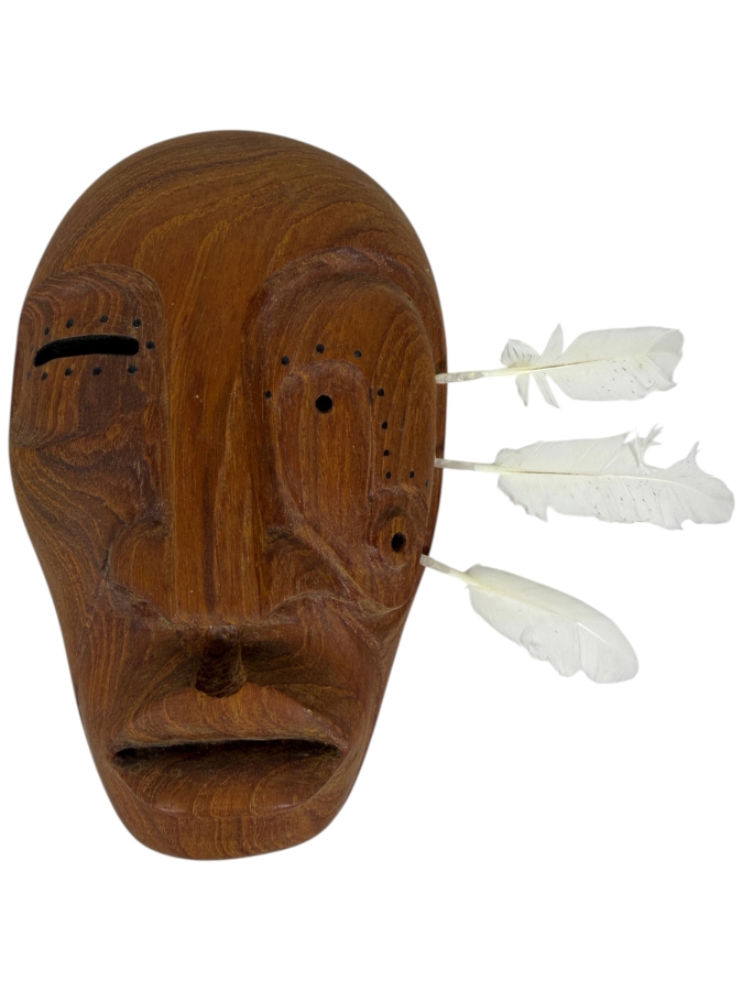 Vintage Hand Carved Wood Tribal Mask Indigenous Face Wall Hanging With Feathers, 6'H