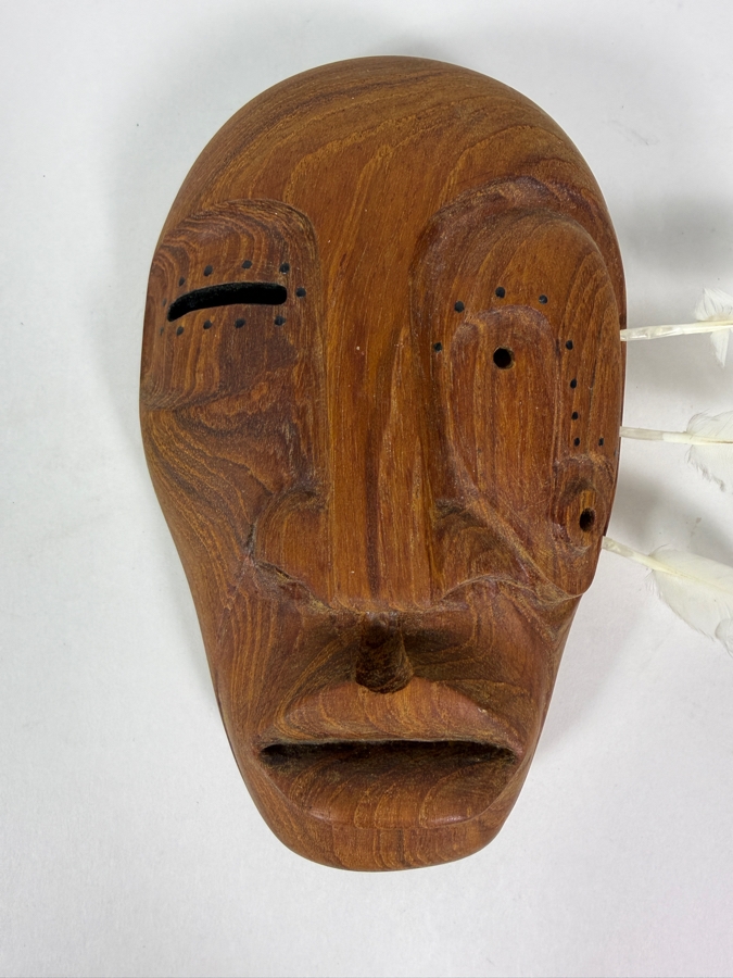 Vintage Hand Carved Wood Tribal Mask Indigenous Face Wall Hanging With Feathers, 6'H [Photo 2]