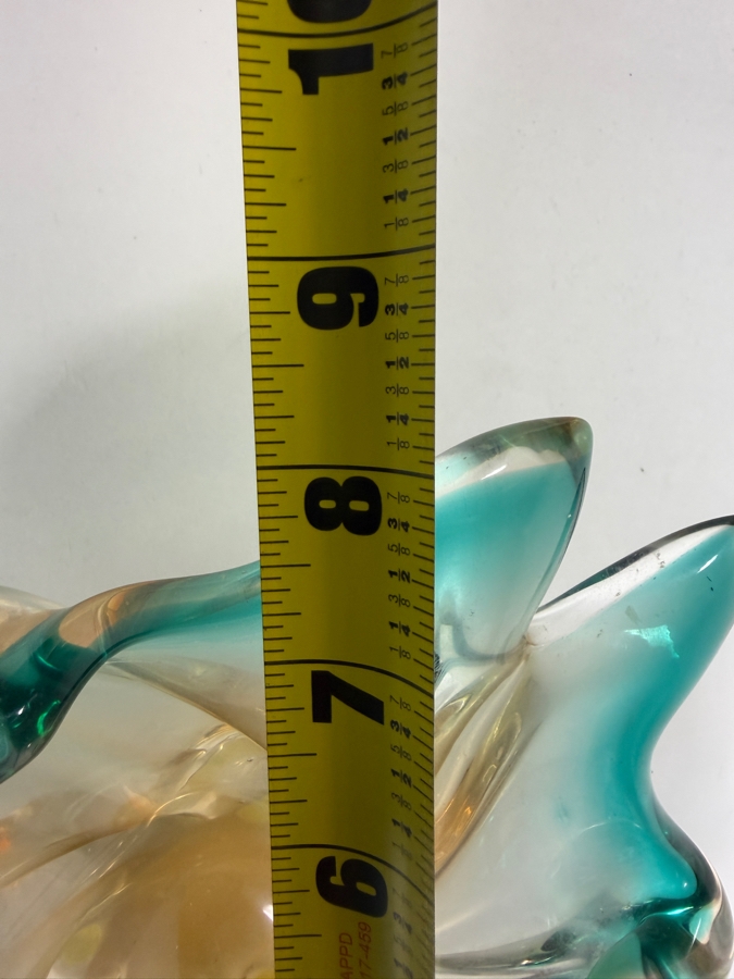 Vintage Murano Art Glass Splash Bowl Teal Amber Swirl Centerpiece, 8.5'W X 3.5'H [Photo 5]