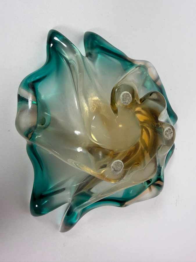 Vintage Murano Art Glass Splash Bowl Teal Amber Swirl Centerpiece, 8.5'W X 3.5'H [Photo 4]