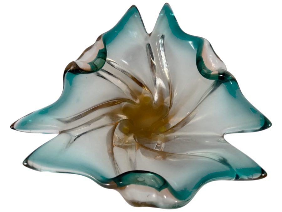 Vintage Murano Art Glass Splash Bowl Teal Amber Swirl Centerpiece, 8.5'W X 3.5'H