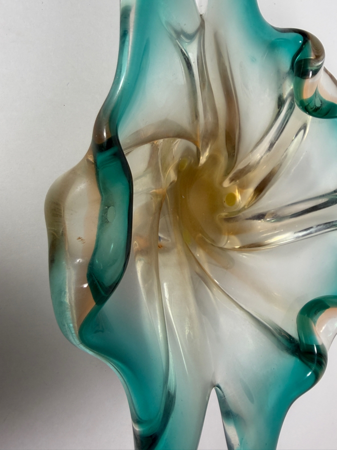 Vintage Murano Art Glass Splash Bowl Teal Amber Swirl Centerpiece, 8.5'W X 3.5'H [Photo 3]
