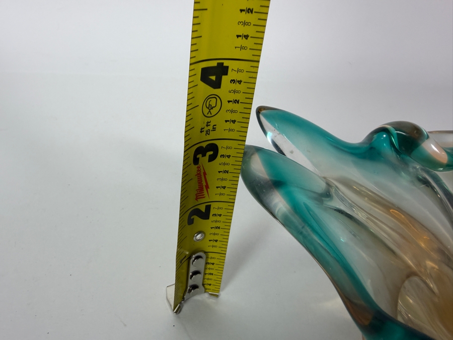 Vintage Murano Art Glass Splash Bowl Teal Amber Swirl Centerpiece, 8.5'W X 3.5'H [Photo 6]