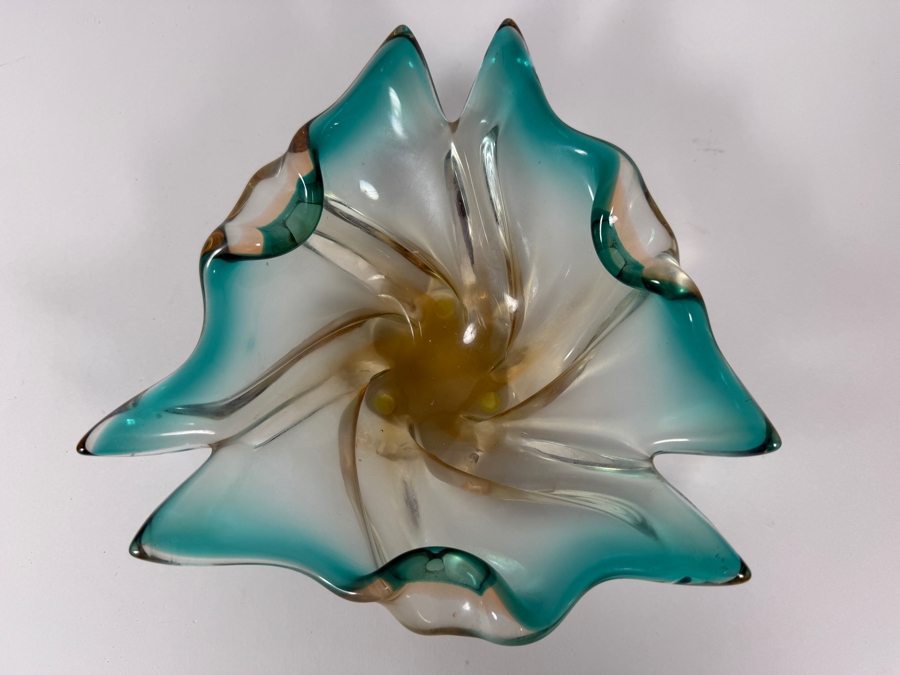 Vintage Murano Art Glass Splash Bowl Teal Amber Swirl Centerpiece, 8.5'W X 3.5'H [Photo 2]