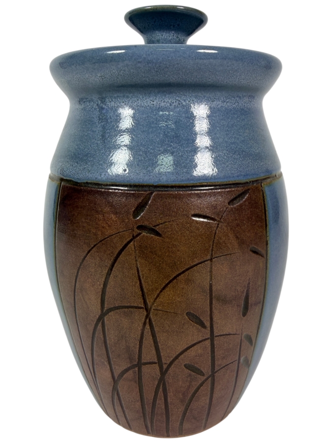 Vintage Nova Scotia Designer Crafts Council Master Artisan Carved Lidded Pottery Canister, 8'H