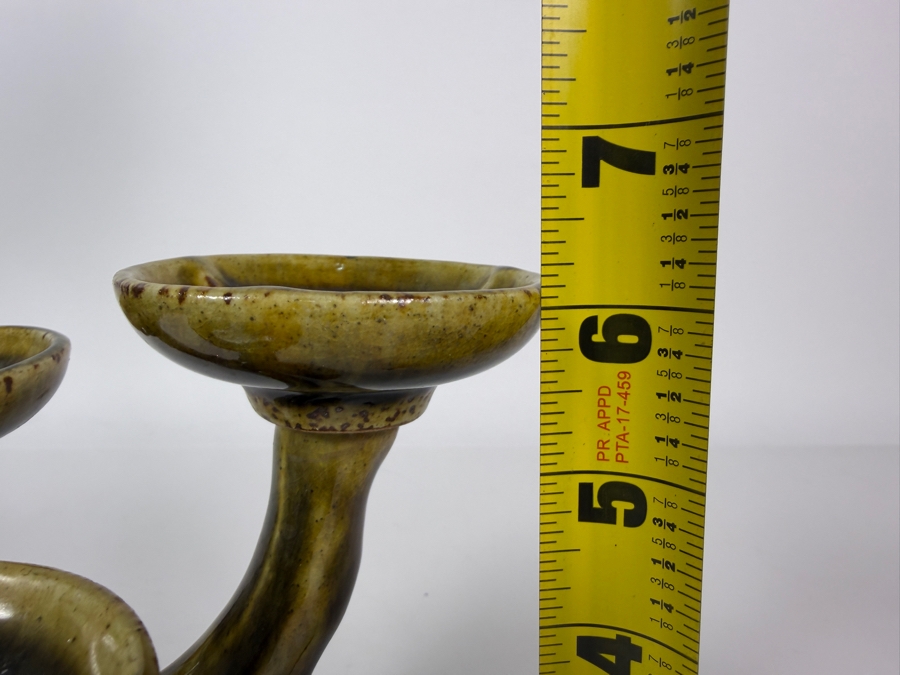 Vintage Thai Celadon Textured Tree Branch Triple Candelabra Candle Holder, 6.25'H [Photo 6]