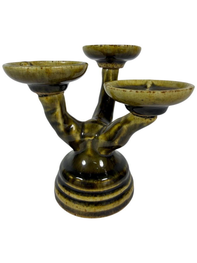 Vintage Thai Celadon Textured Tree Branch Triple Candelabra Candle Holder, 6.25'H