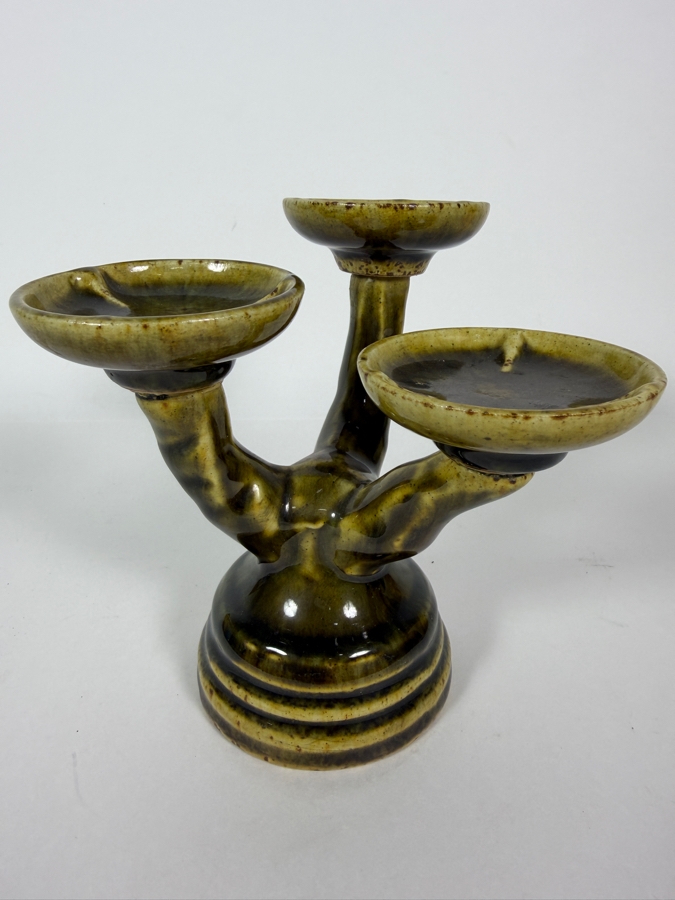 Vintage Thai Celadon Textured Tree Branch Triple Candelabra Candle Holder, 6.25'H [Photo 2]