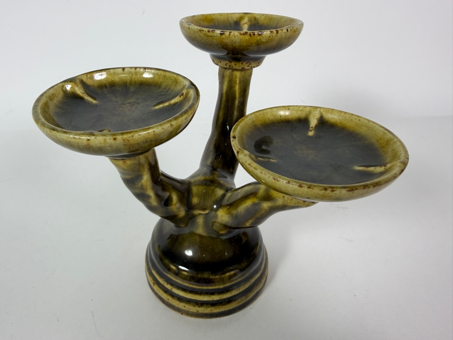 Vintage Thai Celadon Textured Tree Branch Triple Candelabra Candle Holder, 6.25'H [Photo 3]