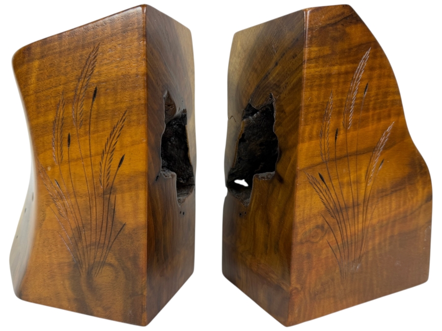 Vintage Hand Carved Live Edge Myrtlewood Wheat Grass Etched Bookends Pair, 7.25'H