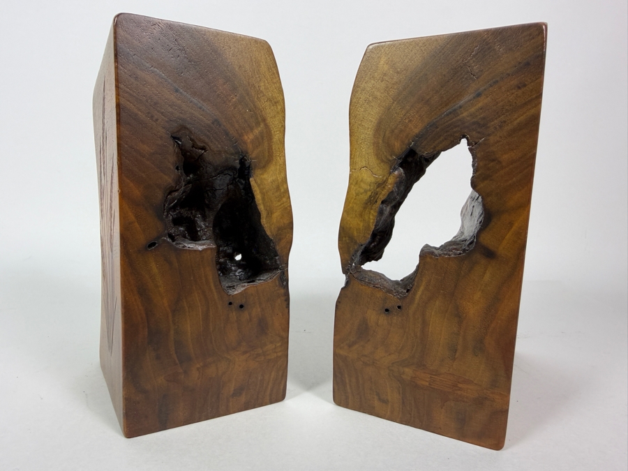 Vintage Hand Carved Live Edge Myrtlewood Wheat Grass Etched Bookends Pair, 7.25'H [Photo 3]