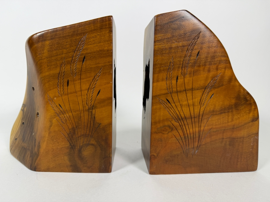 Vintage Hand Carved Live Edge Myrtlewood Wheat Grass Etched Bookends Pair, 7.25'H [Photo 2]