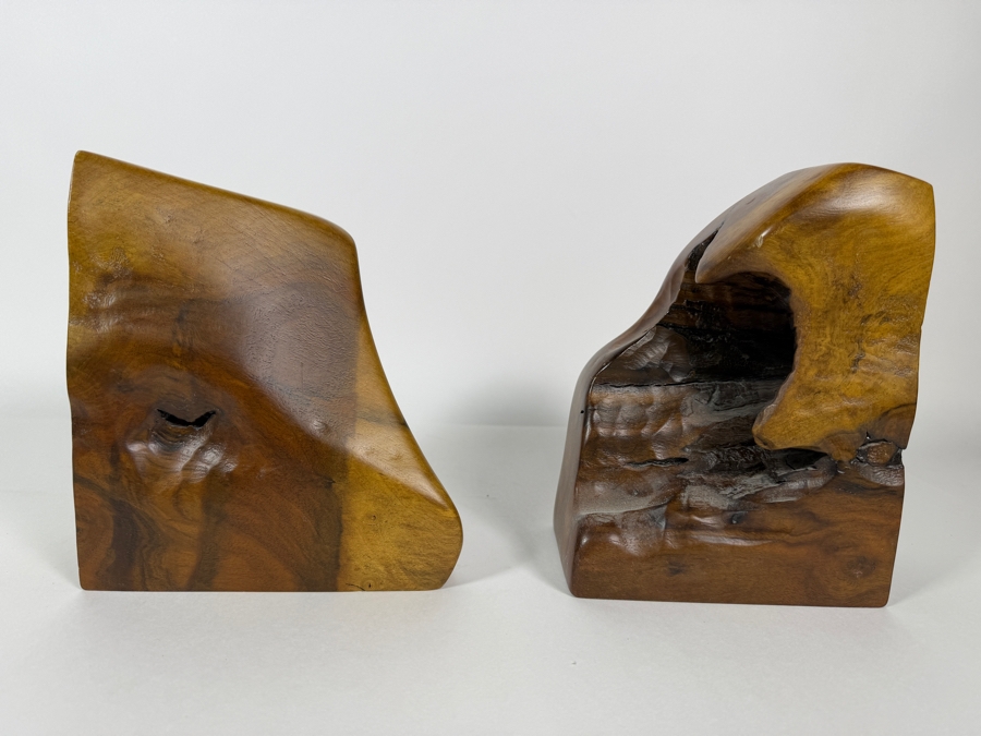 Vintage Hand Carved Live Edge Myrtlewood Wheat Grass Etched Bookends Pair, 7.25'H [Photo 4]