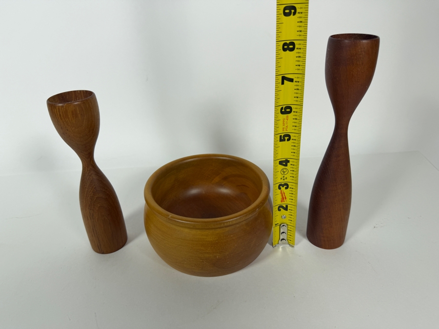 Vintage Mid Century Danish Modern New Zealand Rimu Wood Bowl And Candlestick Set 3.5' - 8'H [Photo 7]