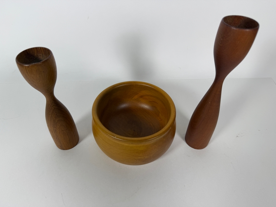 Vintage Mid Century Danish Modern New Zealand Rimu Wood Bowl And Candlestick Set 3.5' - 8'H [Photo 2]