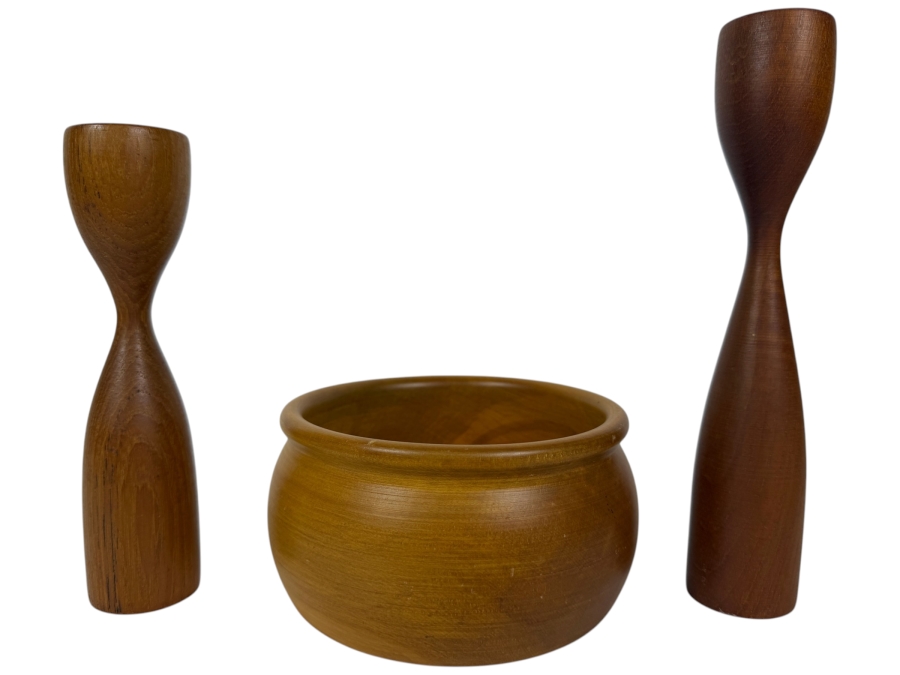 Vintage Mid Century Danish Modern New Zealand Rimu Wood Bowl And Candlestick Set 3.5' - 8'H