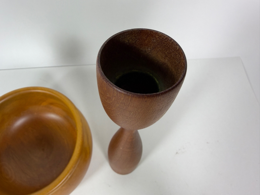 Vintage Mid Century Danish Modern New Zealand Rimu Wood Bowl And Candlestick Set 3.5' - 8'H [Photo 3]