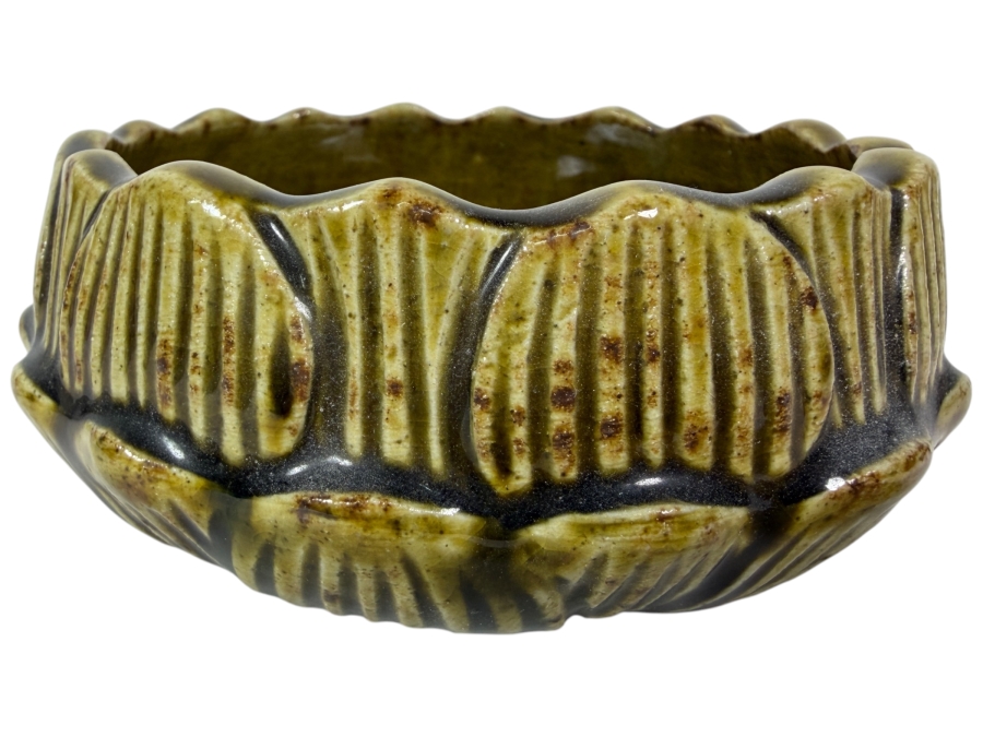 Vintage Thai Celadon Textured Ribbed Olive Green Stoneware Ceramic Bowl, 5'W