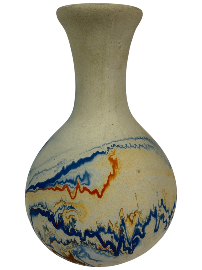 Vintage Nemadji Pottery Native Clay Marbled Blue Orange Swirl Vase, 6.5'H