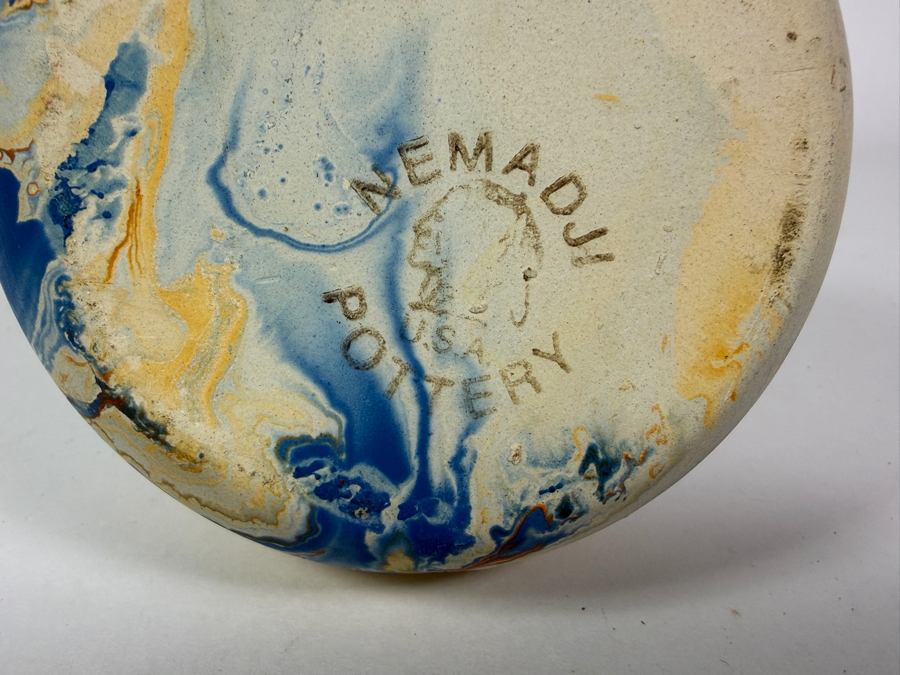 Vintage Nemadji Pottery Native Clay Marbled Blue Orange Swirl Vase, 6.5'H [Photo 5]