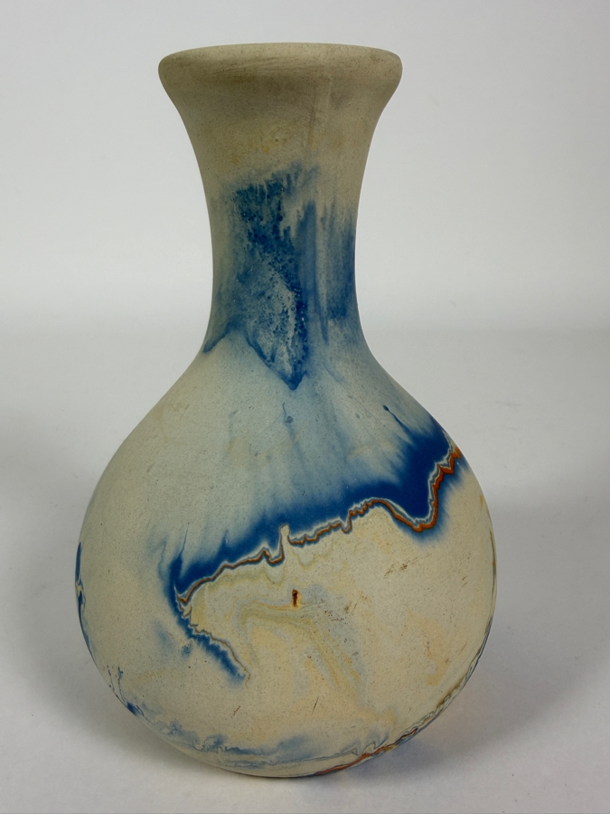 Vintage Nemadji Pottery Native Clay Marbled Blue Orange Swirl Vase, 6.5'H [Photo 2]