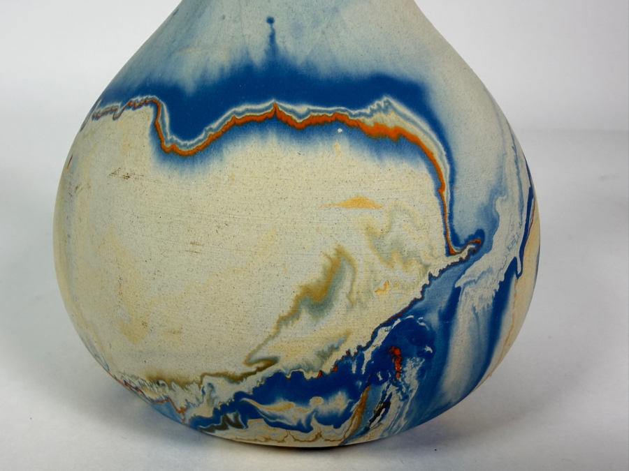 Vintage Nemadji Pottery Native Clay Marbled Blue Orange Swirl Vase, 6.5'H [Photo 3]