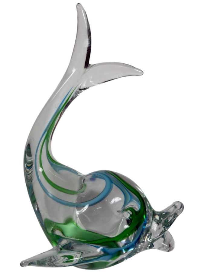 Vintage Murano Italy Art Glass Dolphin Figurine Green Blue Swirl Paperweight, 7.5'H