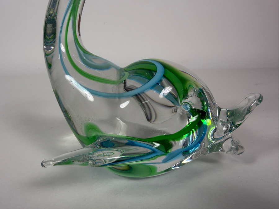 Vintage Murano Italy Art Glass Dolphin Figurine Green Blue Swirl Paperweight, 7.5'H [Photo 2]