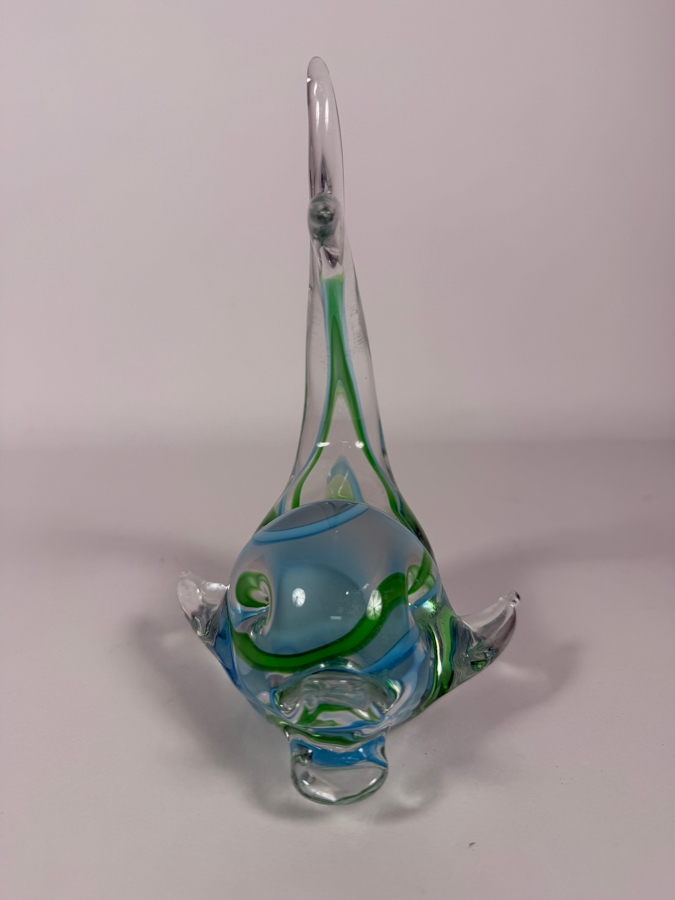 Vintage Murano Italy Art Glass Dolphin Figurine Green Blue Swirl Paperweight, 7.5'H [Photo 3]
