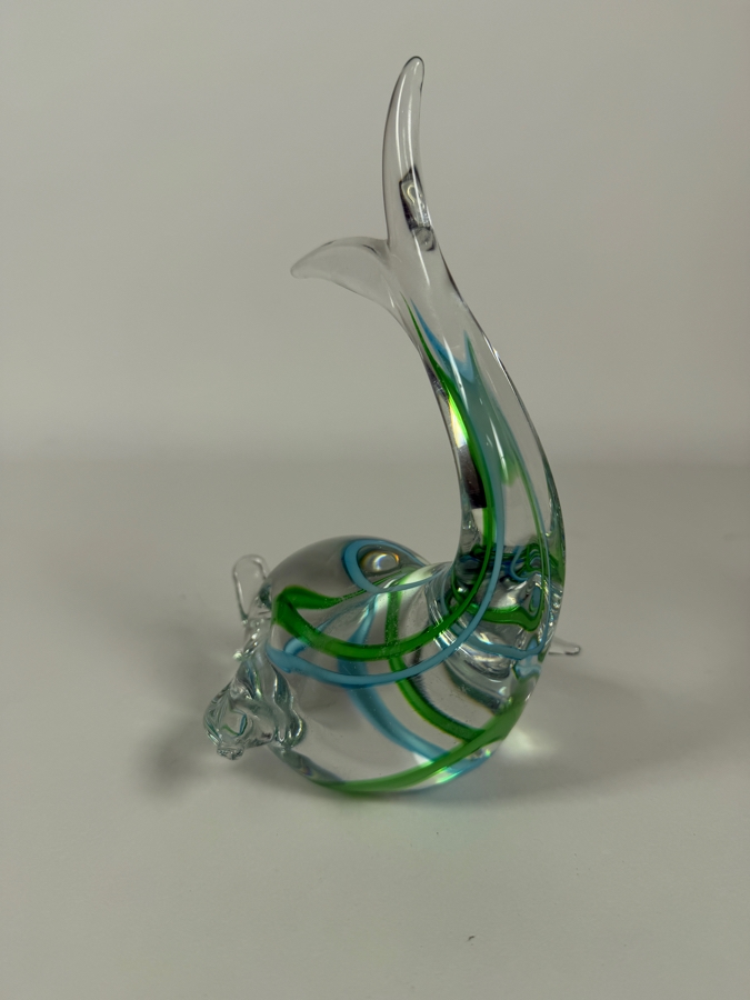 Vintage Murano Italy Art Glass Dolphin Figurine Green Blue Swirl Paperweight, 7.5'H [Photo 4]