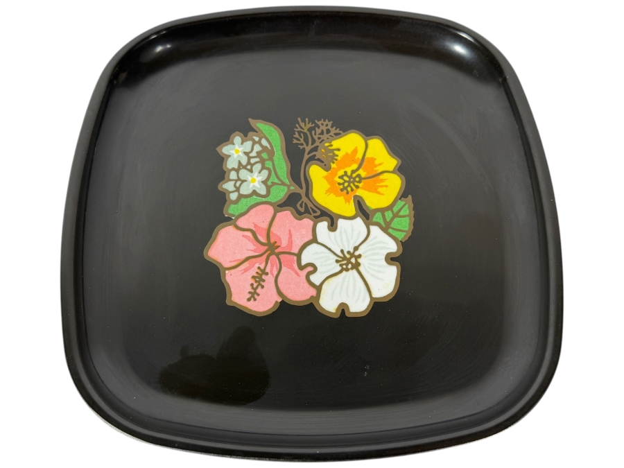 Vintage Couroc Of Monterey Western Airlines Inlaid Floral Phenolic Resin Tray, 8.5'W