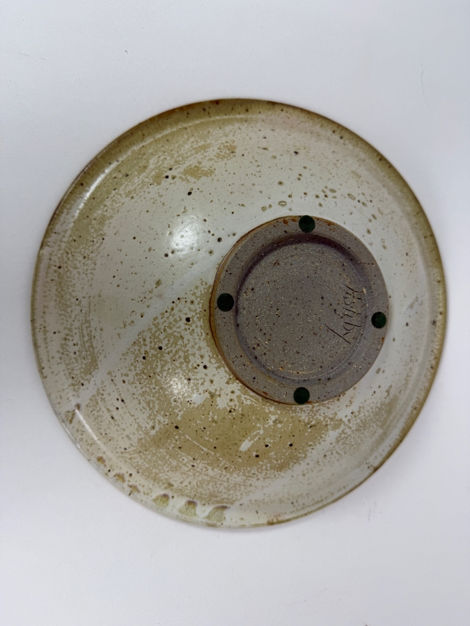 Vintage Signed Ashby Studio Pottery Geometric Carved Speckled Pink Stoneware Bowl 11.5'W [Photo 3]