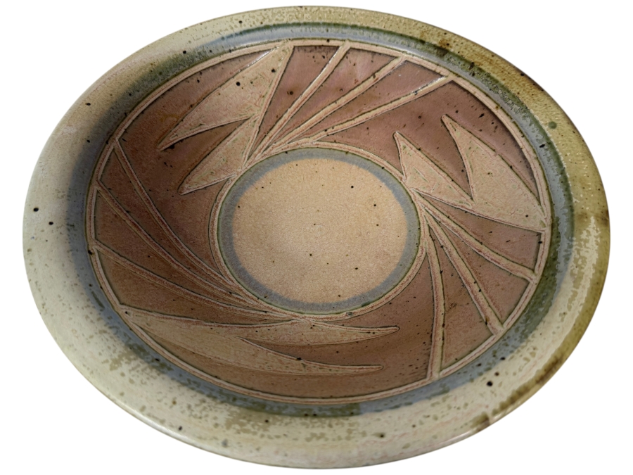 Vintage Signed Ashby Studio Pottery Geometric Carved Speckled Pink Stoneware Bowl 11.5'W