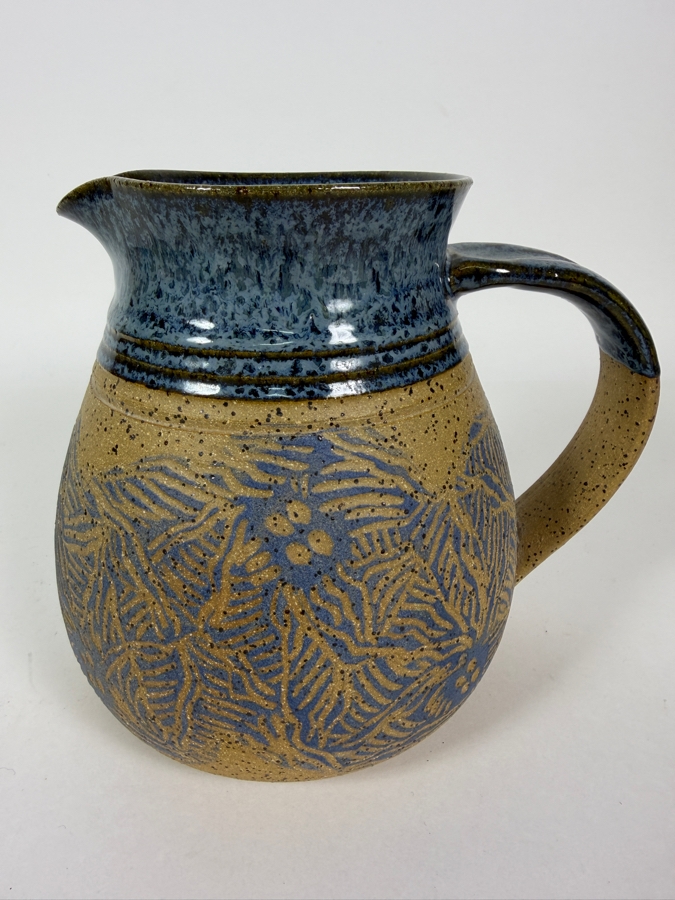 Handmade Artisan Blue Glazed Carved Leaf Textured Stoneware Pottery Pitcher 6'H [Photo 3]