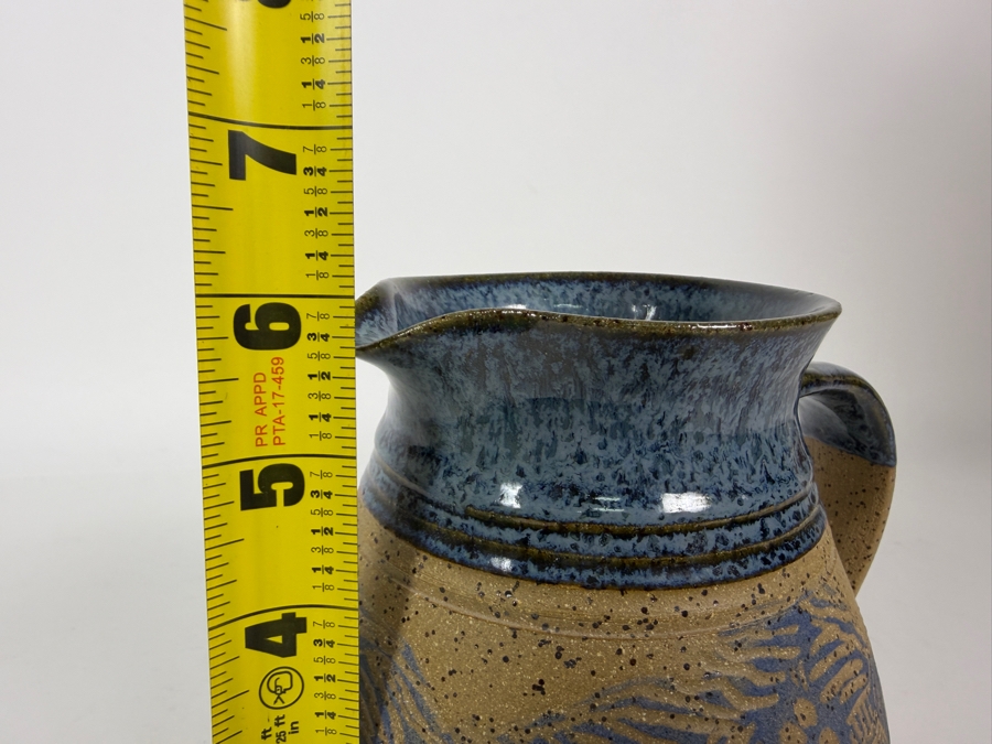 Handmade Artisan Blue Glazed Carved Leaf Textured Stoneware Pottery Pitcher 6'H [Photo 6]