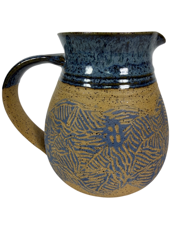 Handmade Artisan Blue Glazed Carved Leaf Textured Stoneware Pottery Pitcher 6'H