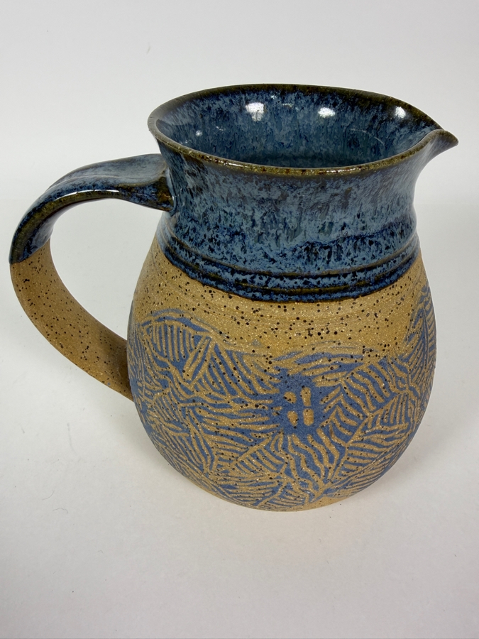 Handmade Artisan Blue Glazed Carved Leaf Textured Stoneware Pottery Pitcher 6'H [Photo 2]