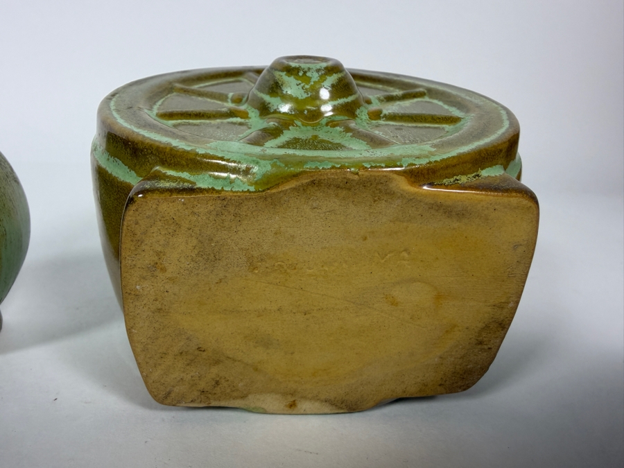 Vintage Frankoma Pottery Wagon Wheel Prairie Green Creamer Sugar Bowl And Salt Pepper Shakers Set [Photo 3]