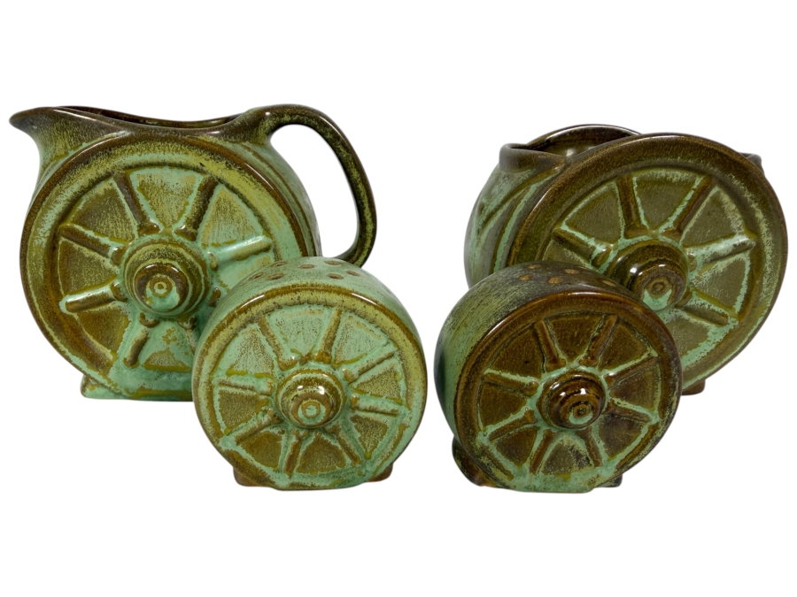 Vintage Frankoma Pottery Wagon Wheel Prairie Green Creamer Sugar Bowl And Salt Pepper Shakers Set