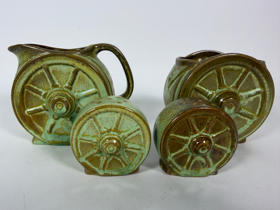Vintage Frankoma Pottery Wagon Wheel Prairie Green Creamer Sugar Bowl And Salt Pepper Shakers Set [Photo 5]