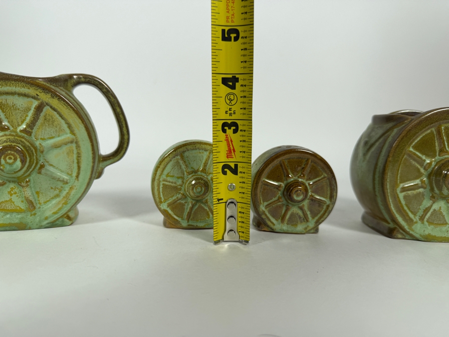 Vintage Frankoma Pottery Wagon Wheel Prairie Green Creamer Sugar Bowl And Salt Pepper Shakers Set [Photo 4]
