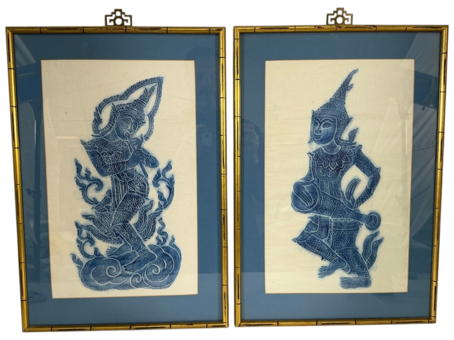 Pair Of Vintage Framed Thai Temple Rubbings 16 X 23
