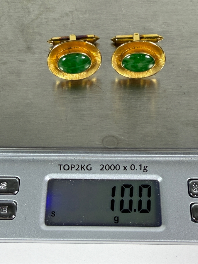 14k Gold Green Jade Stone Cufflinks 10.0g [Photo 2]